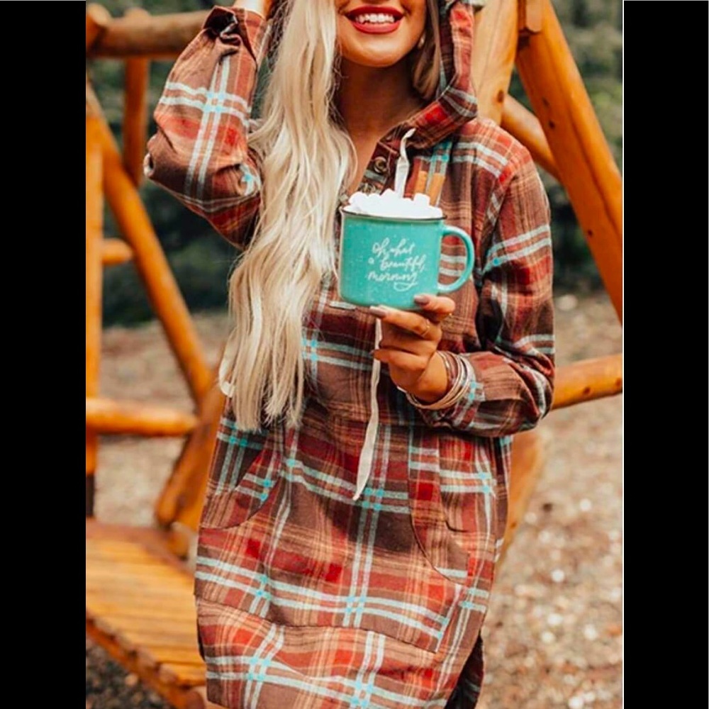 Hooded Flannel Plaid Loose V-Neck Few Buttons 🦘Pocket Drawstring Pullover Shirt